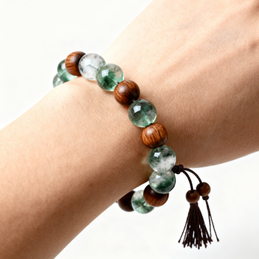 Green Phantom Crystal & Wooden Bead Bracelet